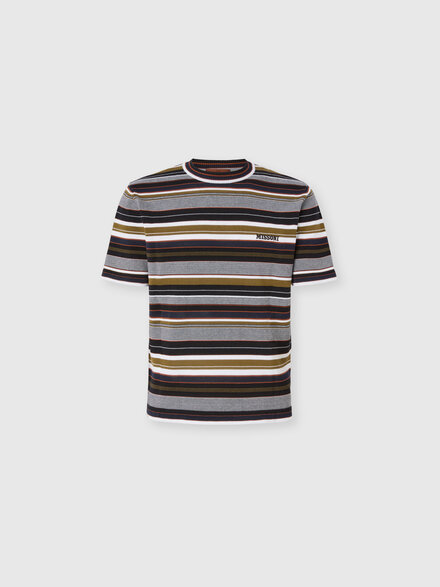 Striped crew-neck cotton T-shirt with embroidered logo lettering, Beige& White  - US26SL0DBK01HJSM9YX