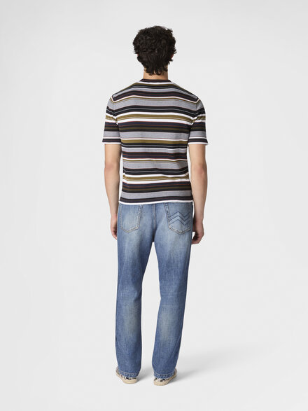 Striped crew-neck cotton T-shirt with embroidered logo lettering, Beige& White  - US26SL0DBK01HJSM9YX