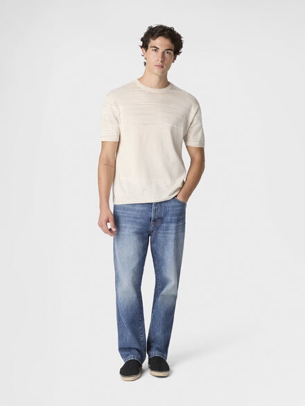 Flamed mercerized crew-neck cotton T-shirt, Beige& White  - US26SL0KBK01HUF000C