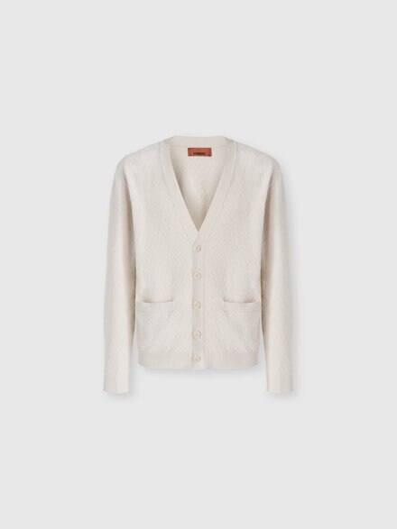 Cardigan in lana e cotone chevron con tasche, Beige - US26SM08BK01HHS01KJ