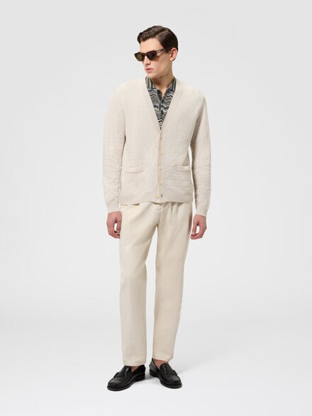 Cardigan in lana e cotone chevron con tasche, Beige - US26SM08BK01HHS01KJ
