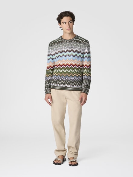 Crew-neck cotton and viscose chevron pullover with Greek motif, Multicoloured  - US26SN01BK01G8SM9YT