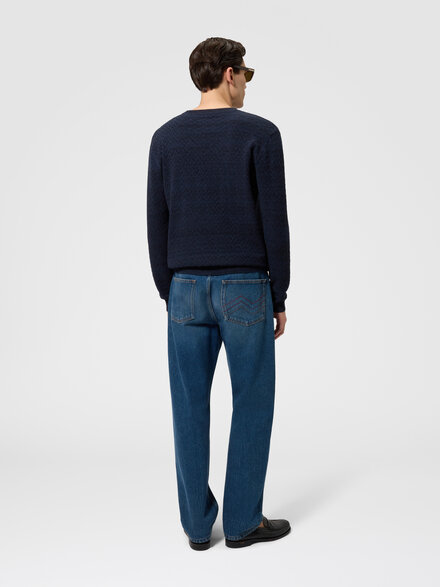 Crew-neck wool and cotton pullover with tone-on-tone zigzag pattern, Blue - US26SN05BK01HHS72PG
