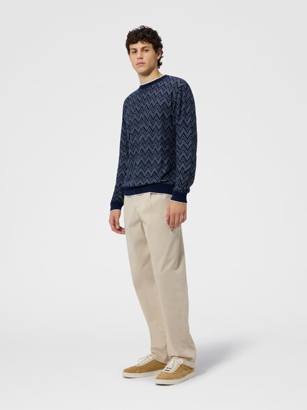Crew-neck cashmere pullover with zigzag pattern, Navy Blue - US26SN07BR014MS72Q0