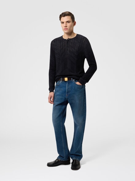 Long-sleeve viscose and cotton henley shirt, Black & Grey - US26W206BK01JMS91T8