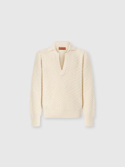 Long-sleeve wool and viscose zig zag polo shirt, Beige - US26W20DBK01JVS01N0