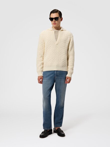 Long-sleeve wool and viscose zig zag polo shirt, Beige - US26W20DBK01JVS01N0