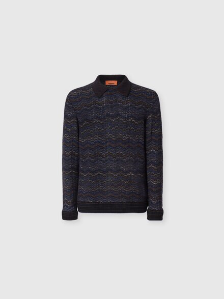 Long-sleeve cashmere and viscose polo shirt, Blue - US26W20NBC006JS72QX