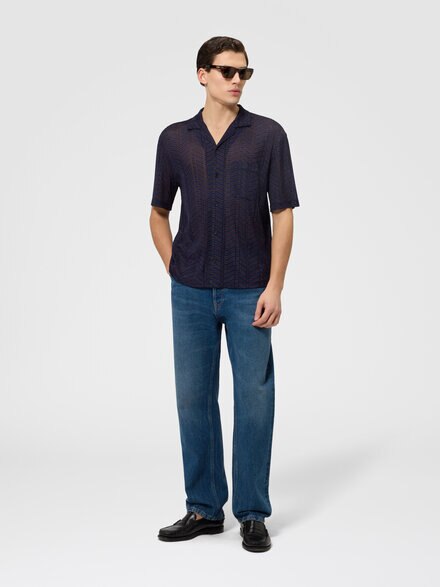 Viscose knit bowling shirt with Greek key motif, Multicoloured  - US26WJ01BR015MSMSOL