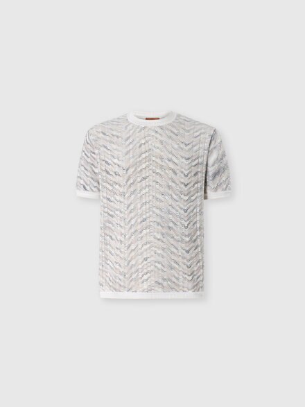 Openwork cotton and viscose knit T-shirt, White & Beige - US26WL00BK01JMS01MX