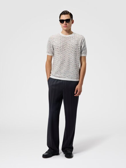 Openwork cotton and viscose knit T-shirt, White & Beige - US26WL00BK01JMS01MX