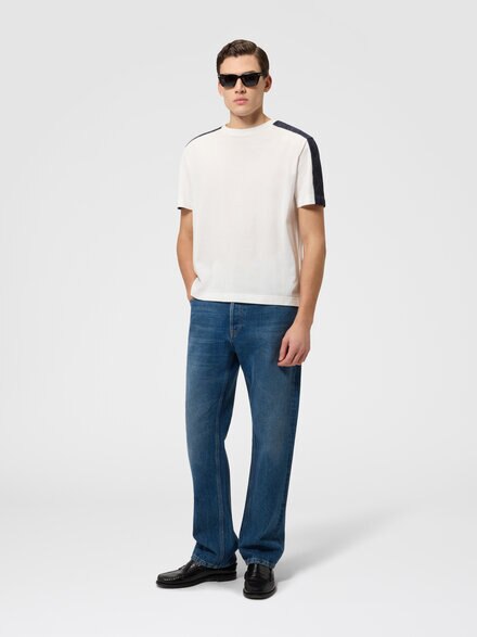 Cotton crewneck T-shirt with chevron insert, White & Blue - US26WL06BJ00RAS01N9