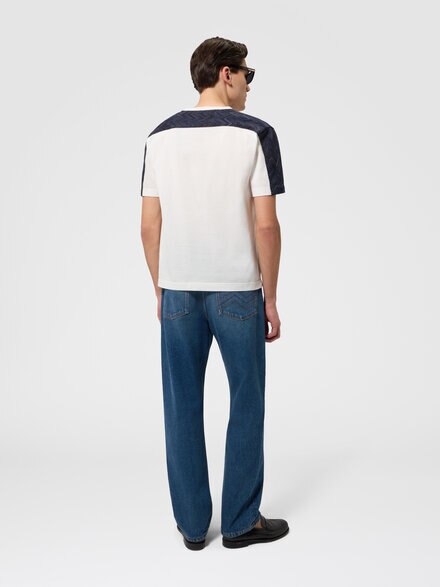 Cotton crewneck T-shirt with chevron insert, White & Blue - US26WL06BJ00RAS01N9