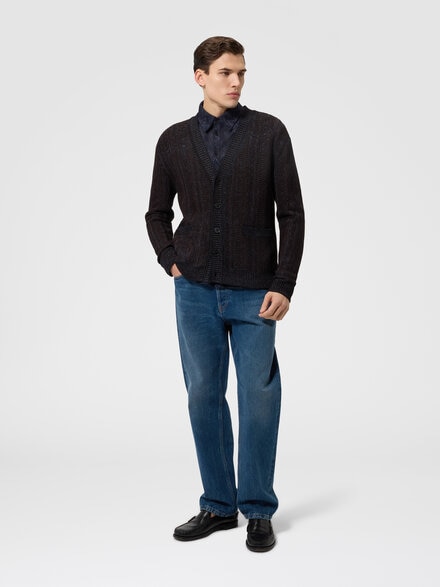 Wool and viscose-blend cardigan with Greek key motif, Navy Blue  - US26WM0GBK01JNS72RM