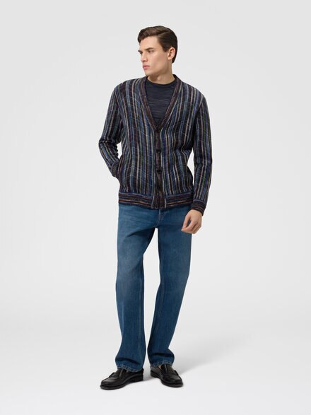 Wool and viscose cardigan with side pockets, Blue & Multicoloured  - US26WM0IBC006FS72QV