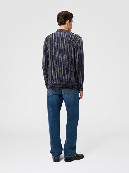 Wool and viscose cardigan with side pockets, Blue & Multicoloured  - US26WM0IBC006FS72QV