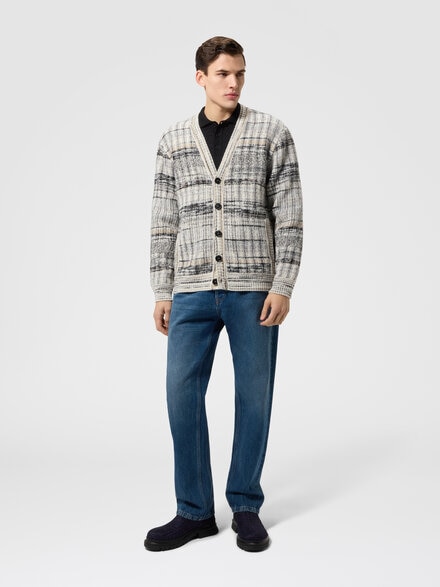 Wool-blend check cardigan with side pockets, White  - US26WM0KBC006IS01M2