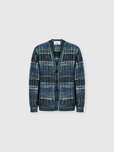Wool-blend check cardigan with side pockets, Dark Blue - US26WM0KBC006IS91SX
