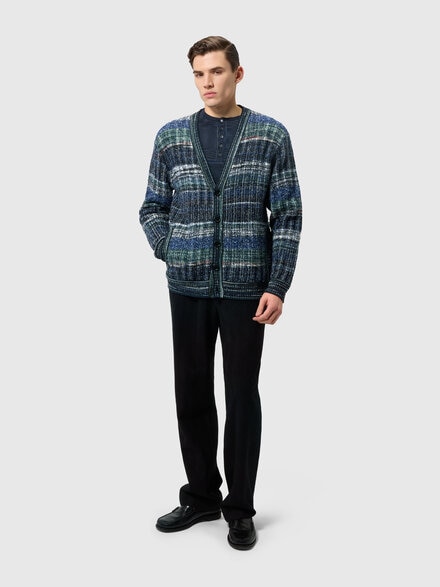 Wool-blend check cardigan with side pockets, Dark Blue - US26WM0KBC006IS91SX