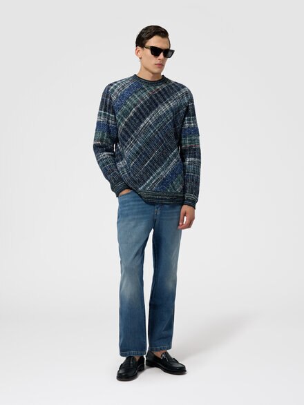 Wool-blend pullover with macro-check pattern, Dark Blue - US26WN02BC006IS91SX