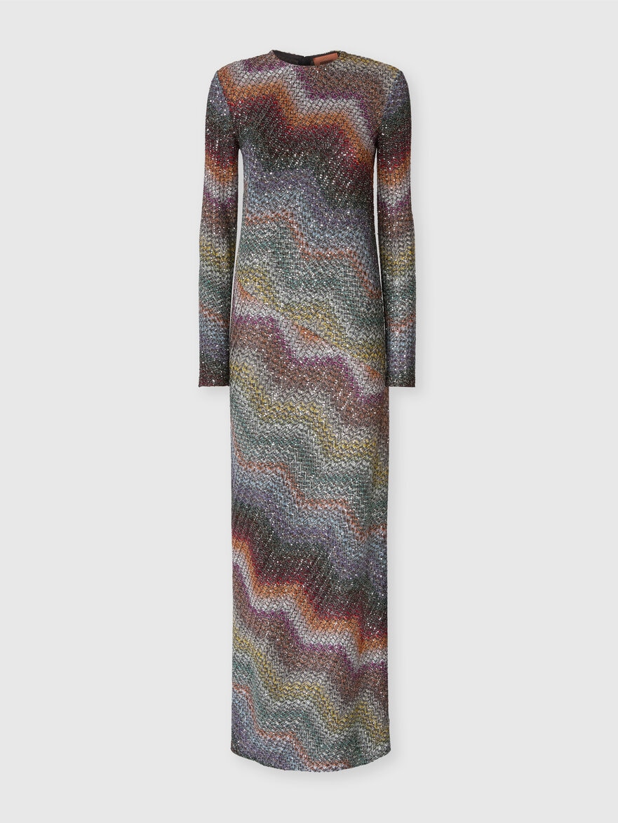 Long-sleeved dress in a Greek-style zigzag knit with sequins