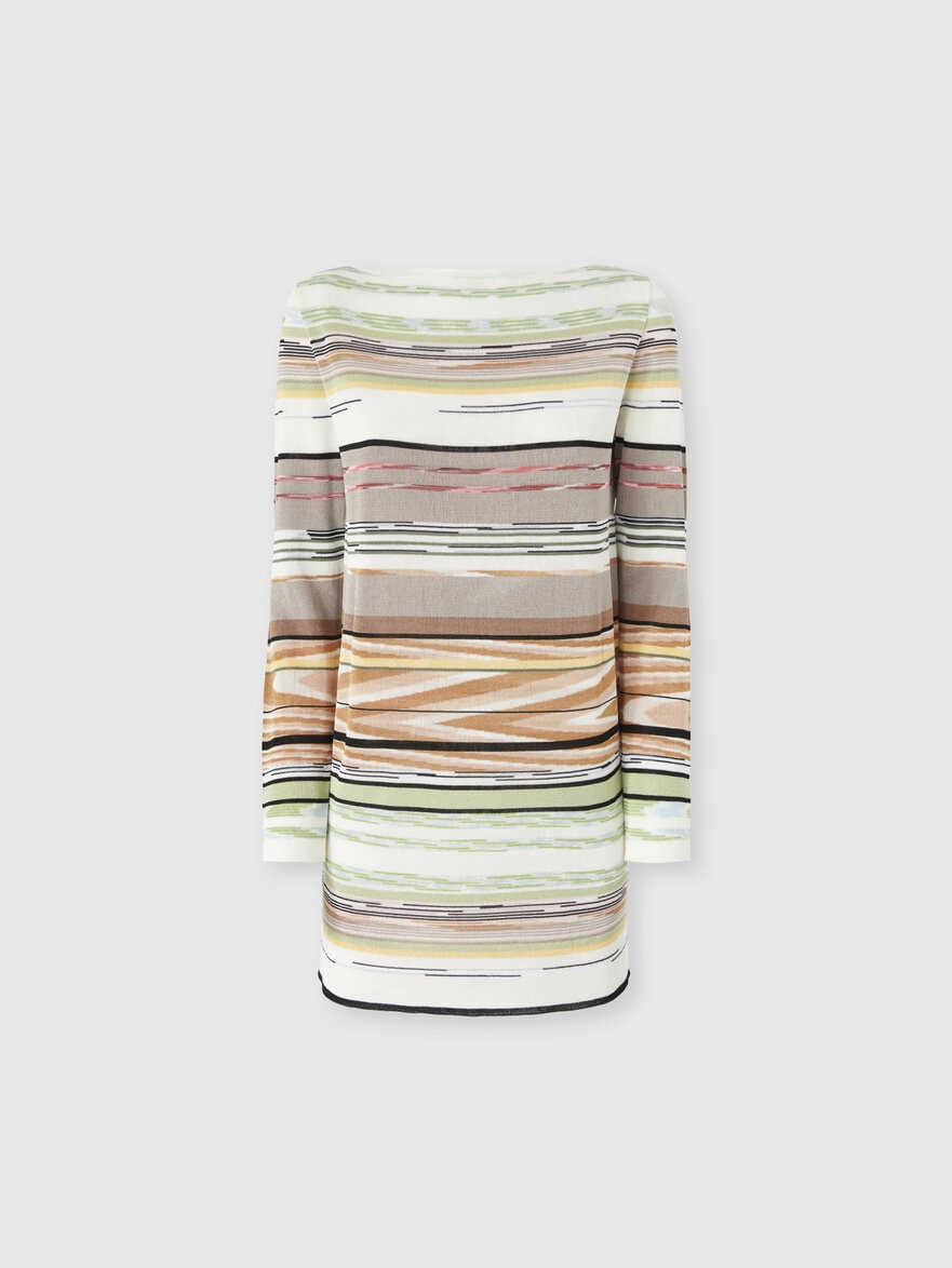 Flame-Striped Viscose Mini Dress with Boat Neck