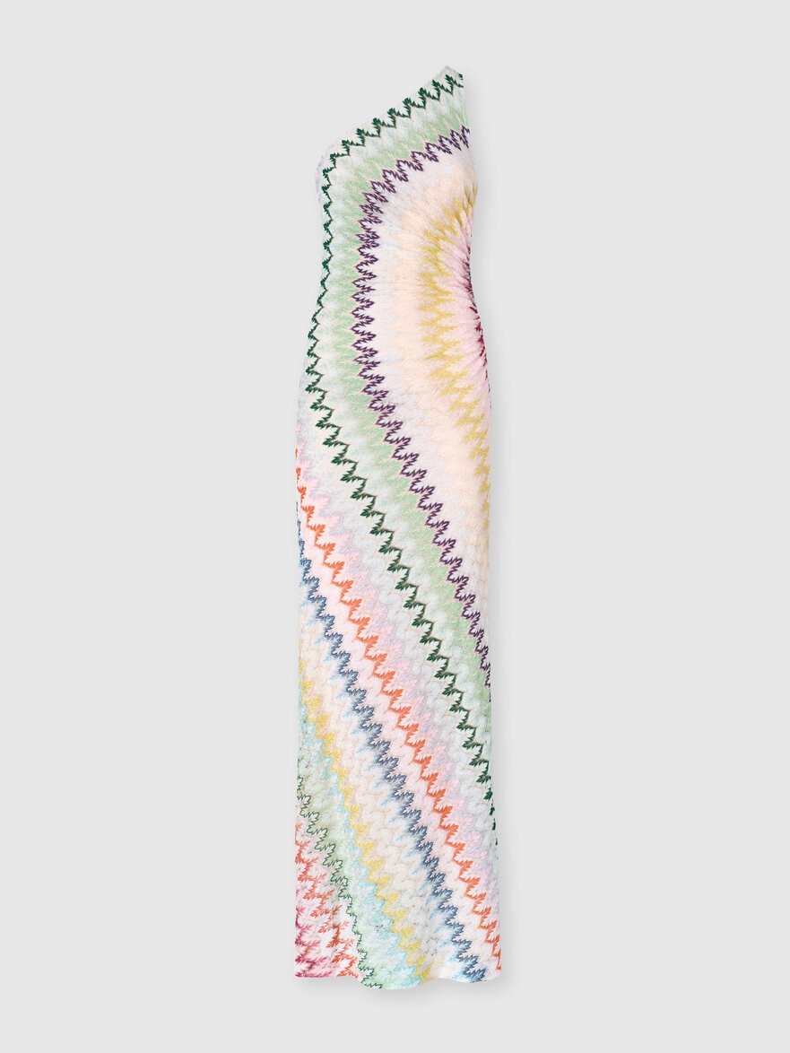 One-Shoulder Long Dress in Chevron Lamé Viscose