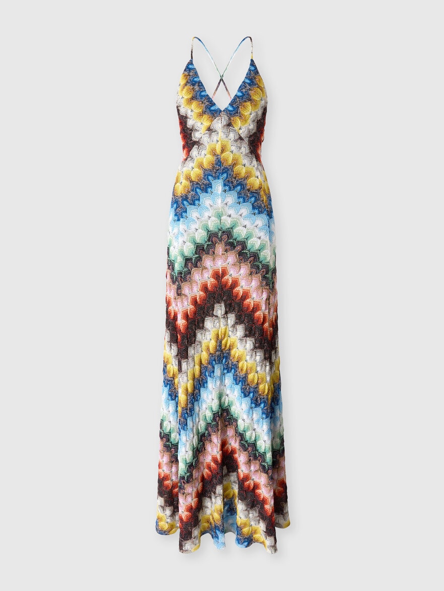 Long dress with V-neck in lamé viscose with lace motif