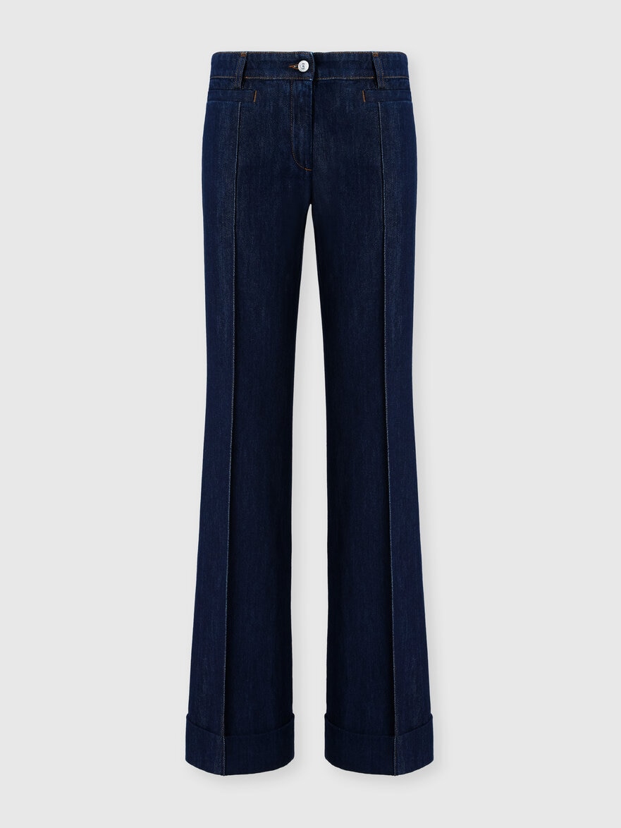 Denim Flared Trousers with Cuffed Hem and Center Crease