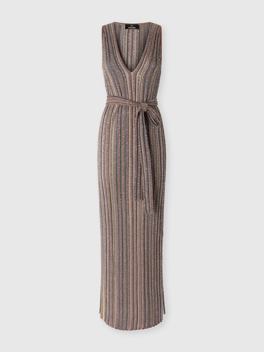 Long knit dress with sequins and V-neck