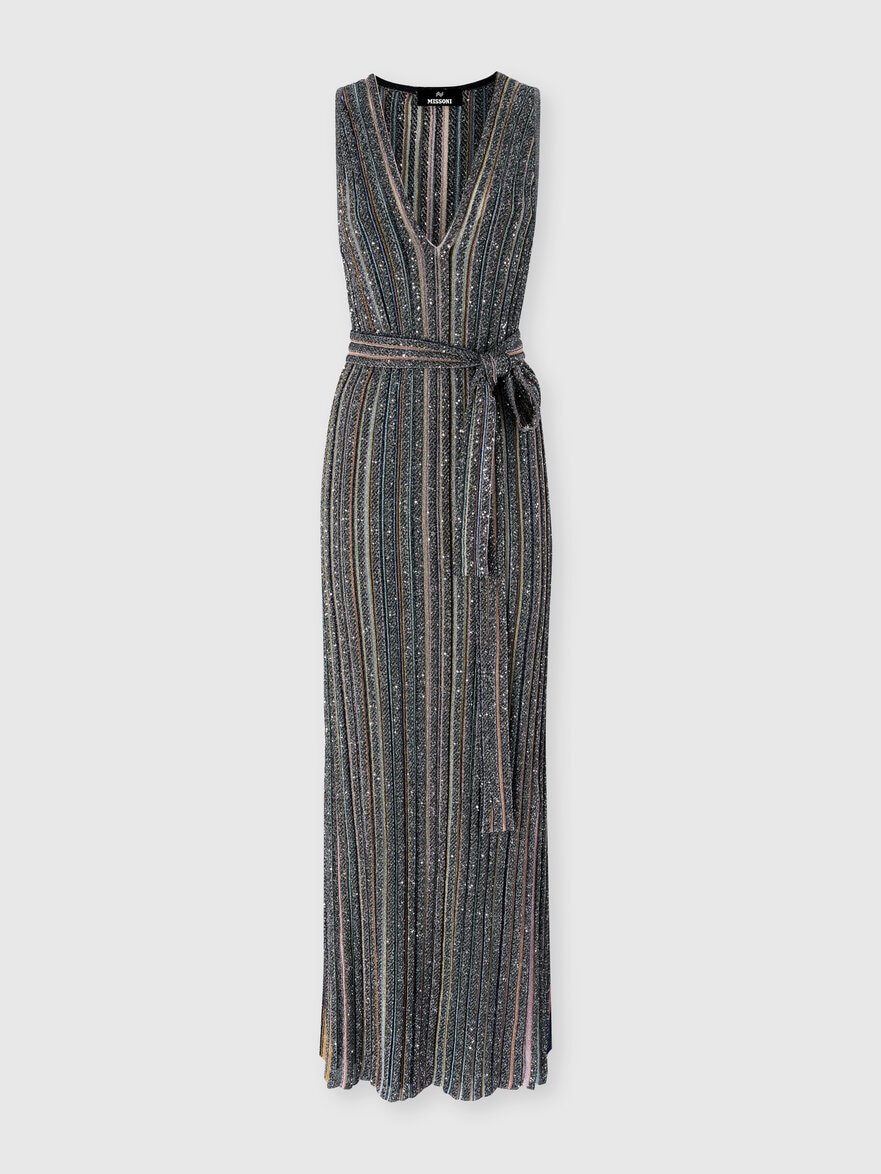 Long Knit Dress with Sequins and V-Neck
