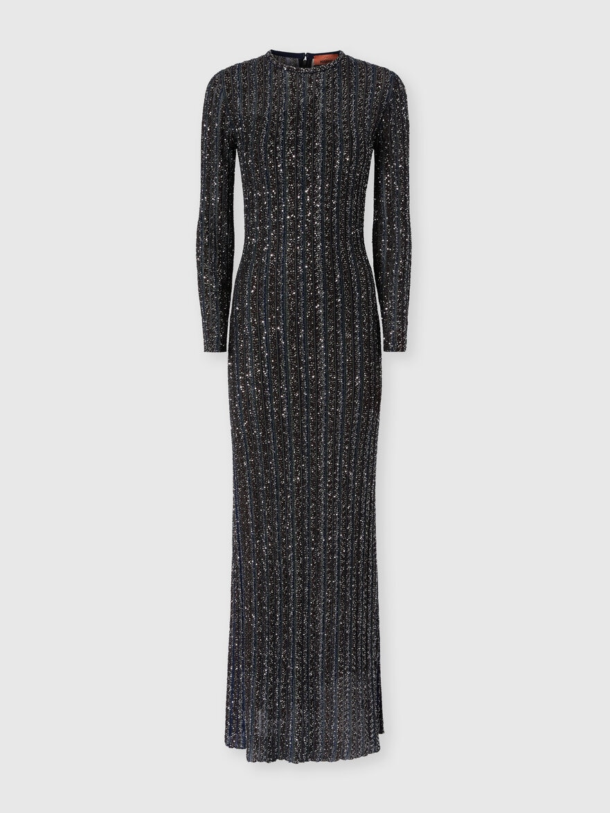 Long crewneck striped knit dress with sequins