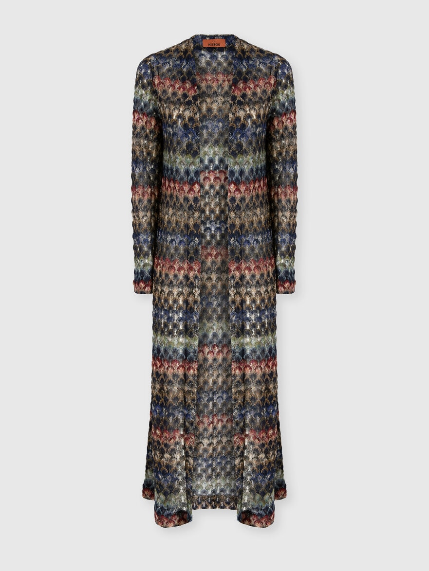 Long Viscose Lamé Cardigan with Lace Motif