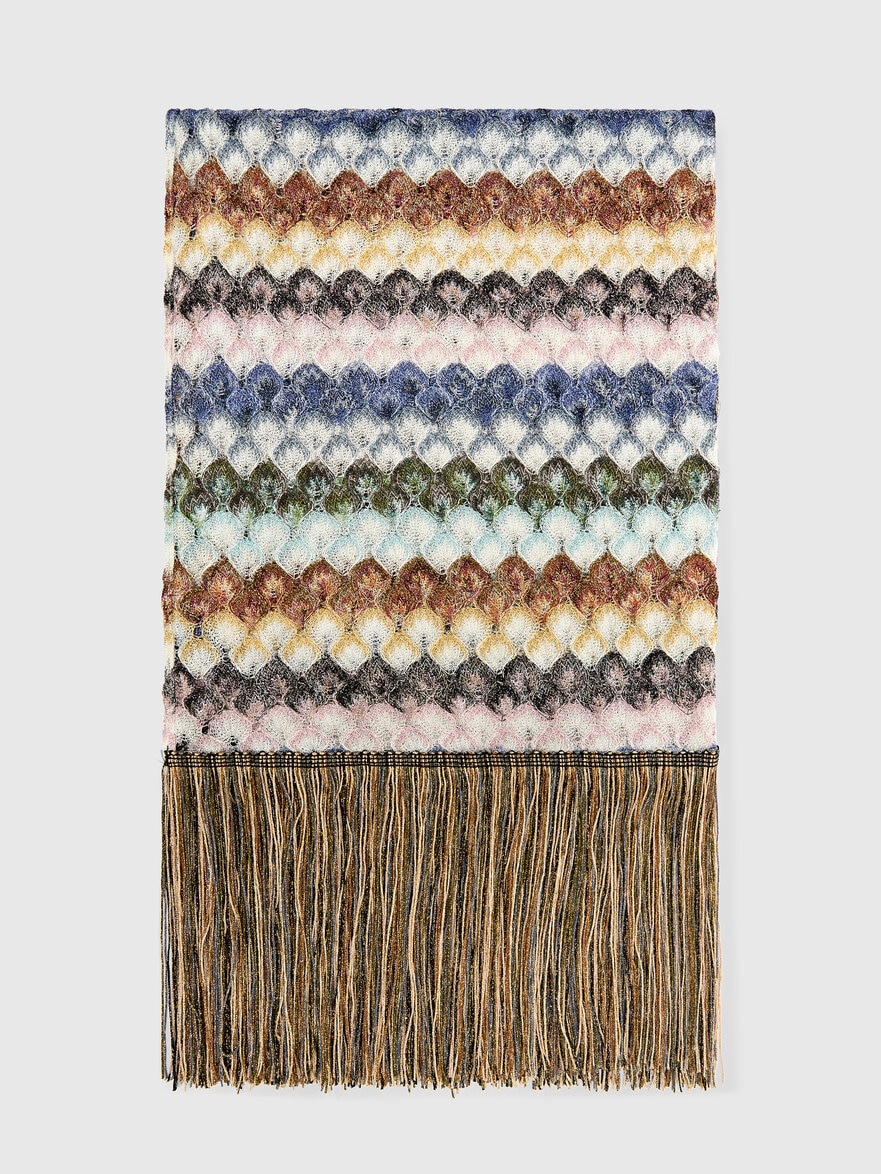 Viscose lamé stole with fringes and lace motif