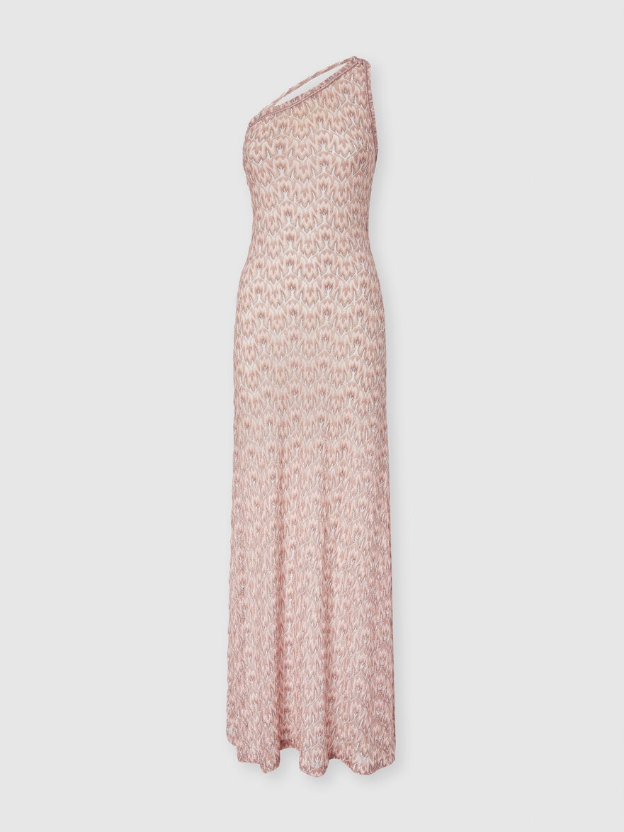 One-shoulder dress in lamé viscose with foliage motif