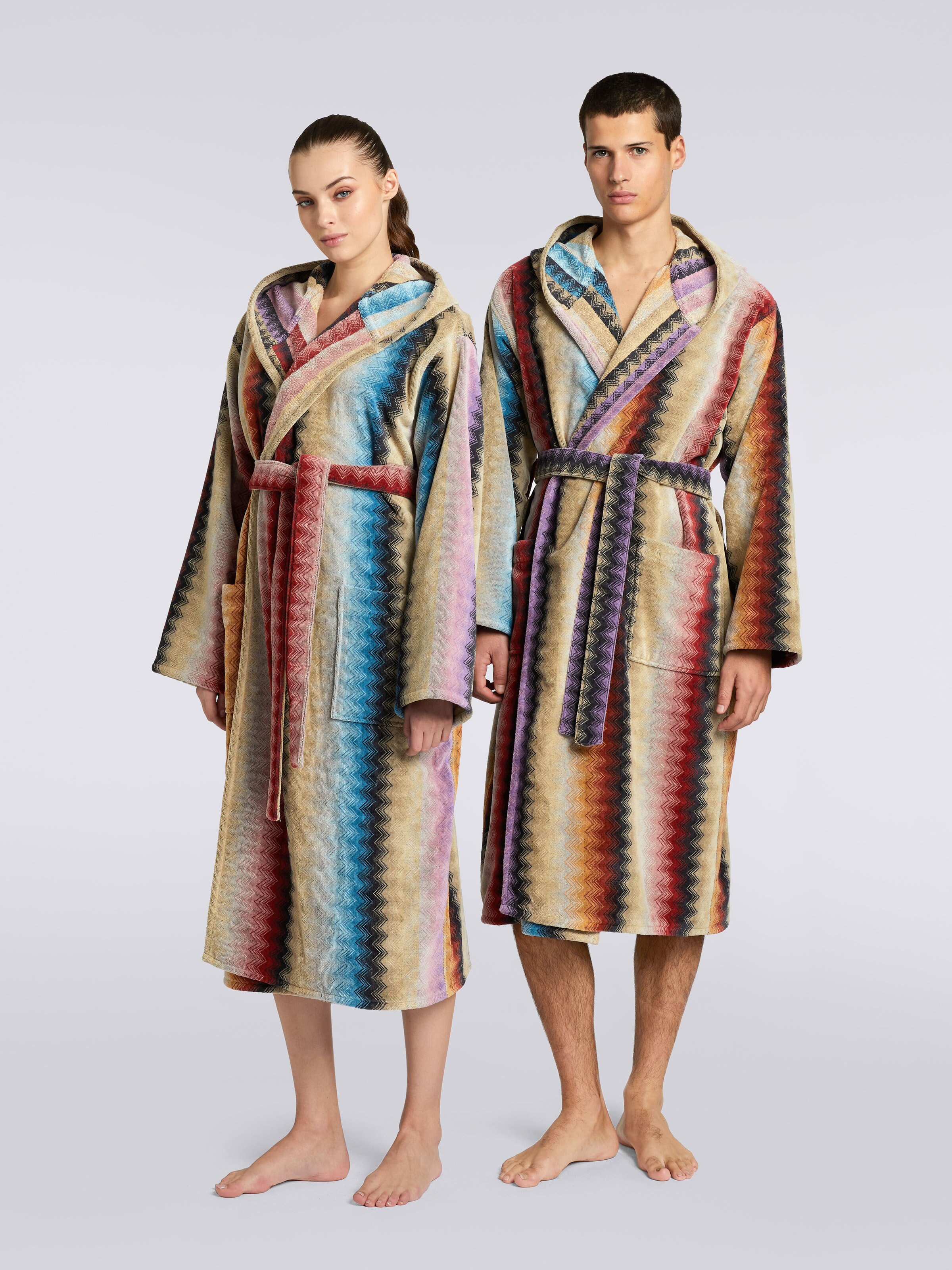 Byron hooded cotton chevron bathrobe, Multicoloured  - 1