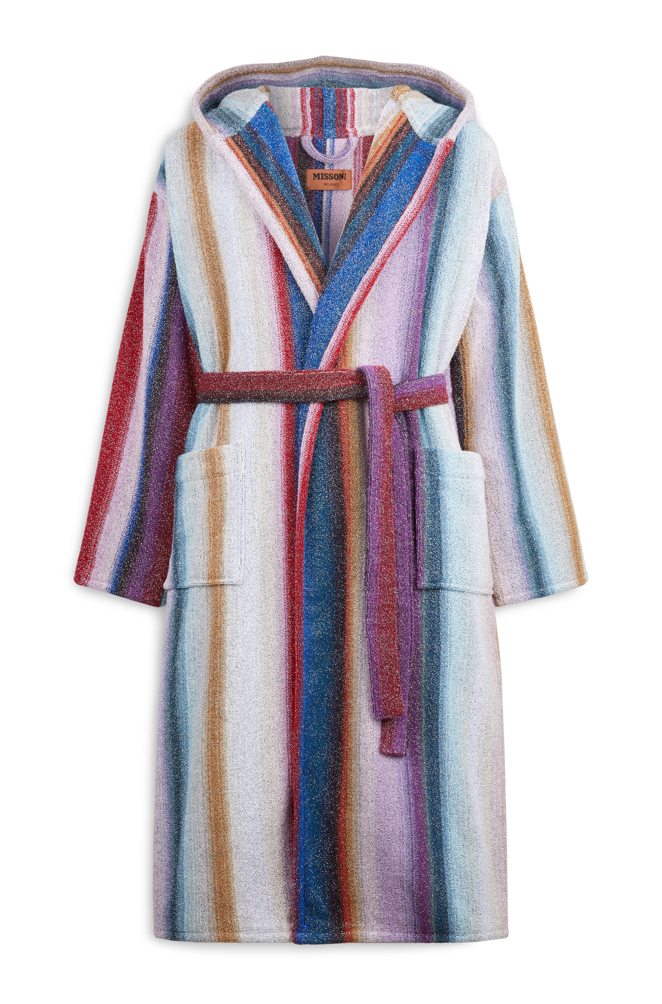 Hooded cotton and lurex robe, BLU MULTICOLOR - 0