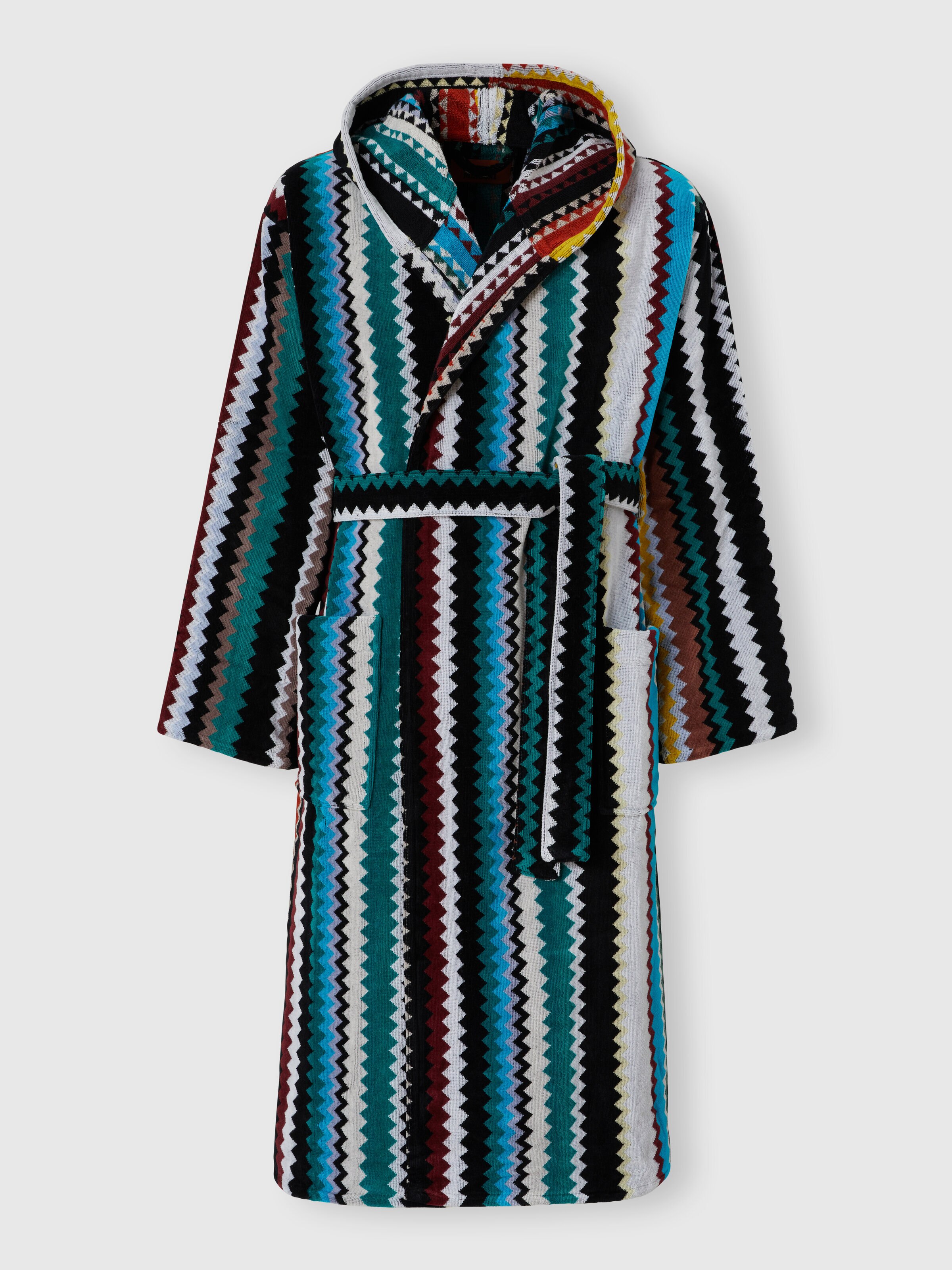 Long Curt chevron cotton terry hooded bathrobe, Multicoloured  - 0