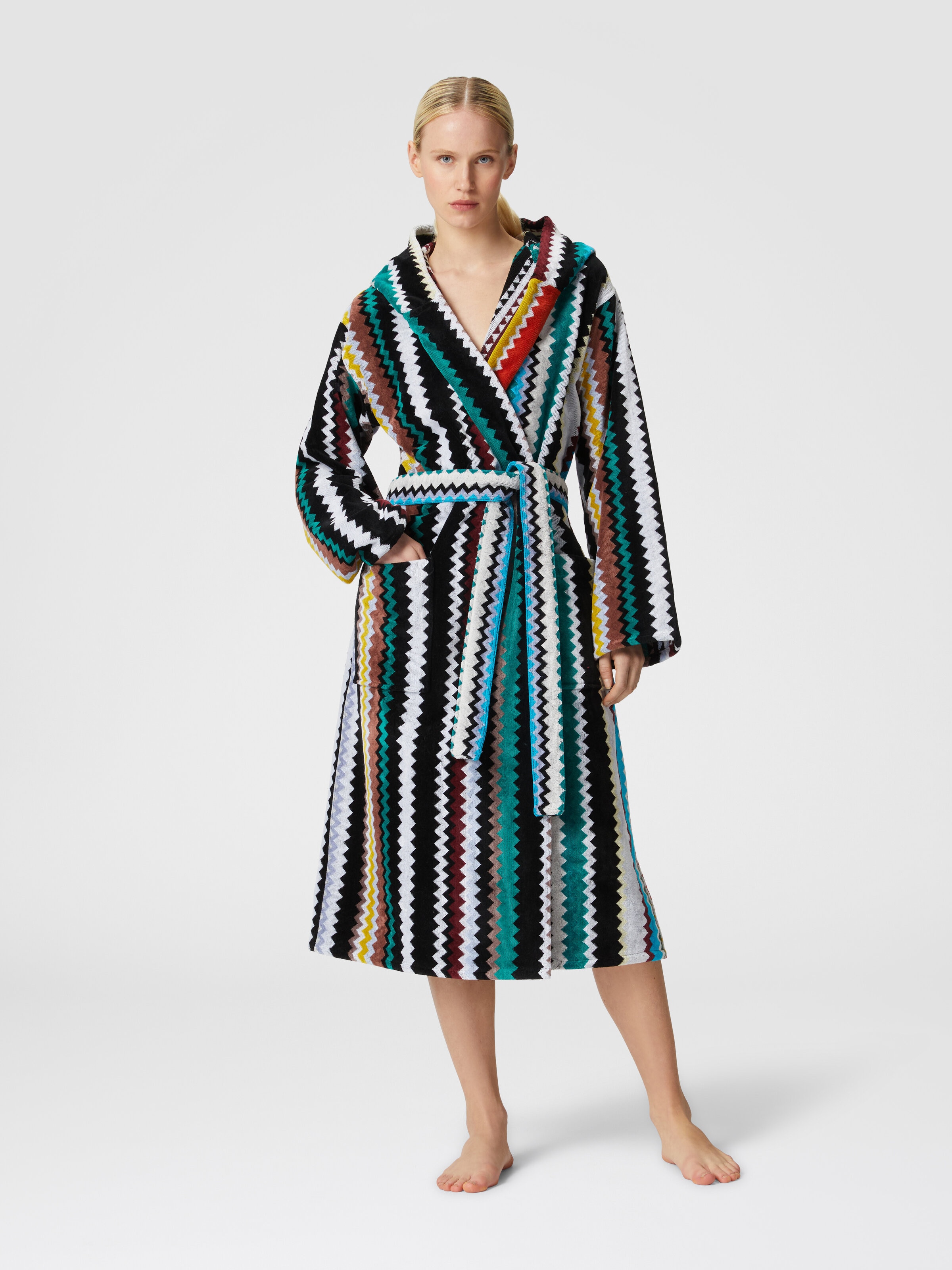 Long Curt chevron cotton terry hooded bathrobe, Multicoloured  - 1