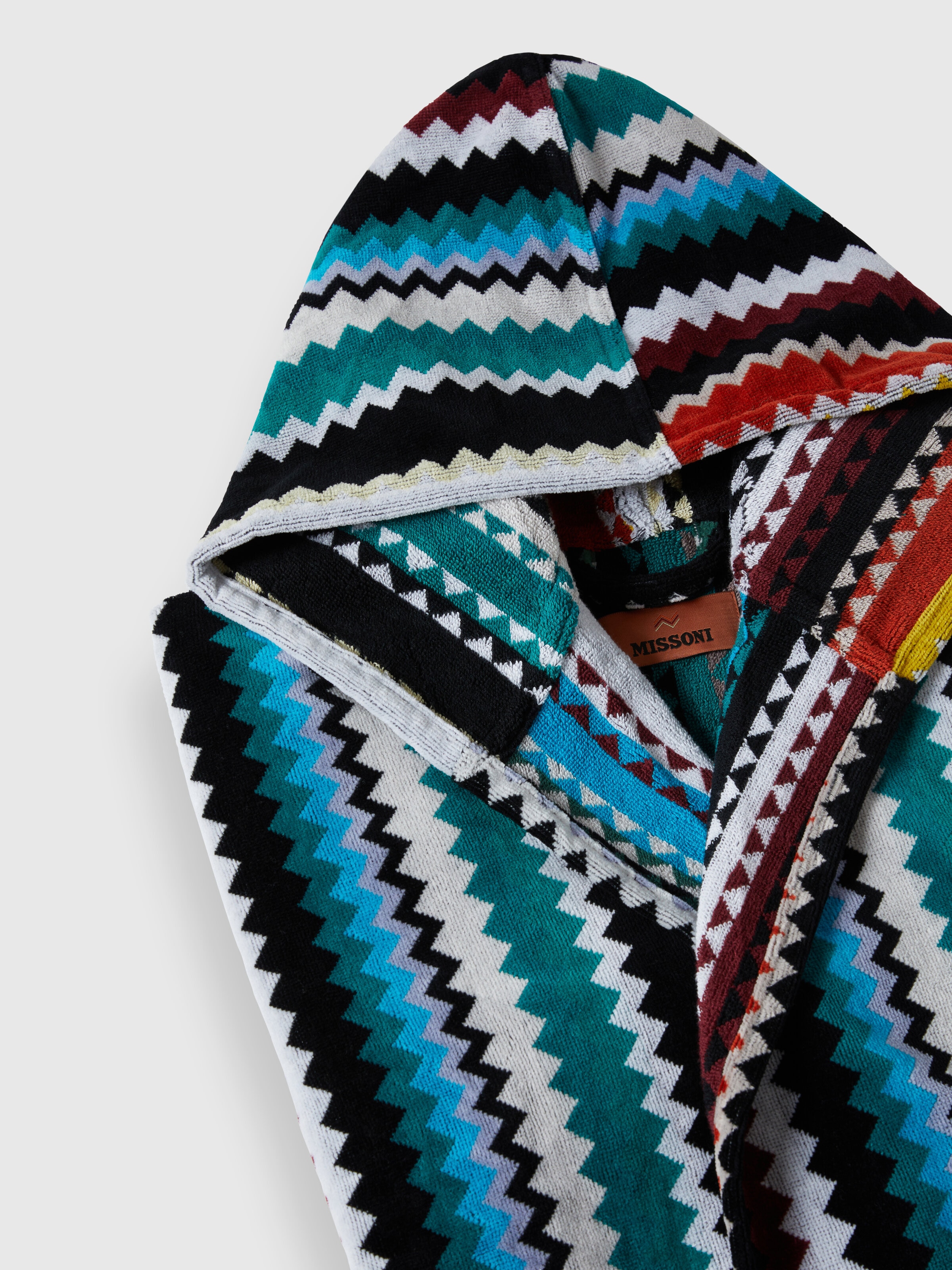 Long Curt chevron cotton terry hooded bathrobe, Multicoloured  - 2