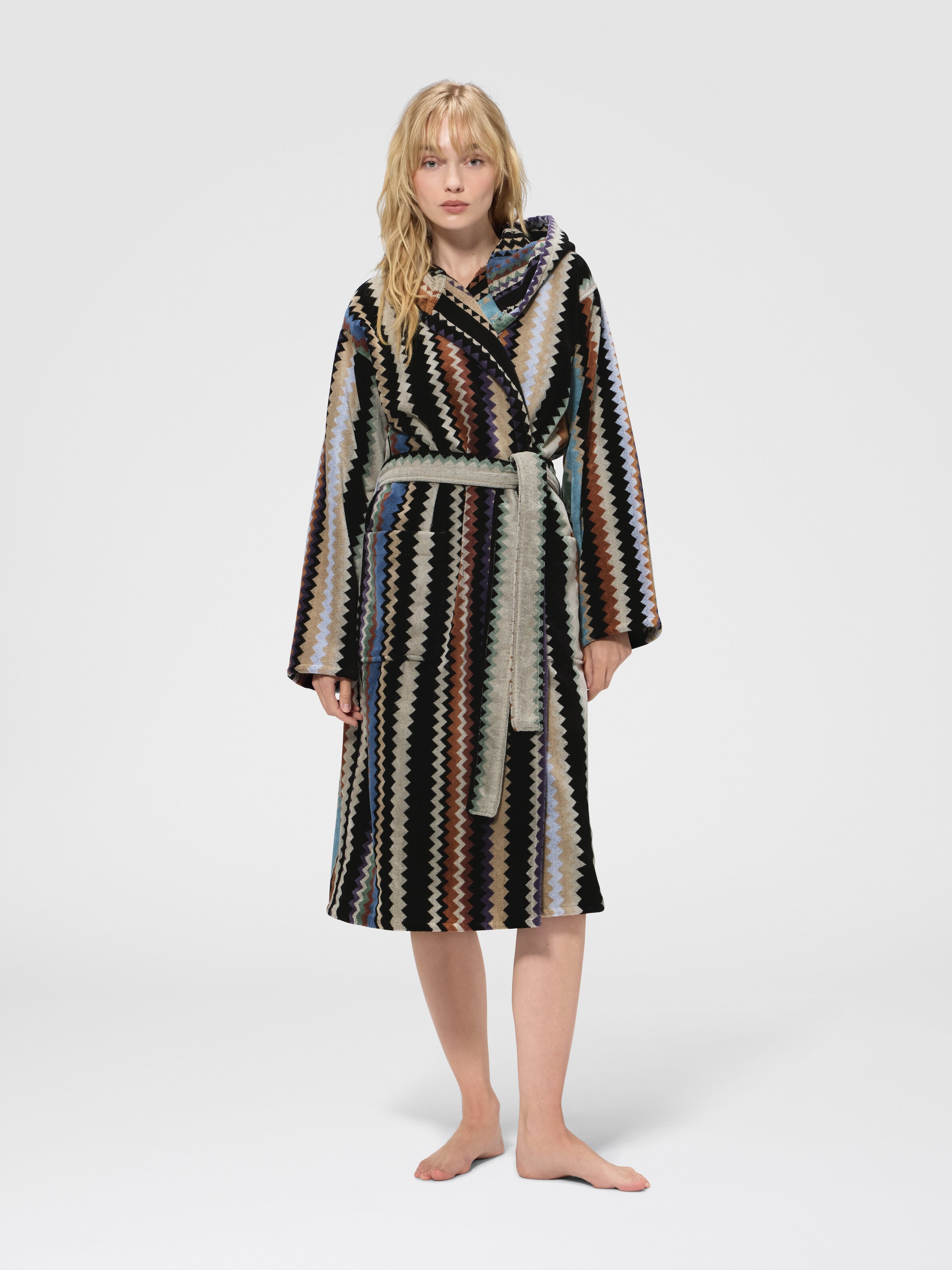 Long Curt chevron cotton terry hooded bathrobe Beige