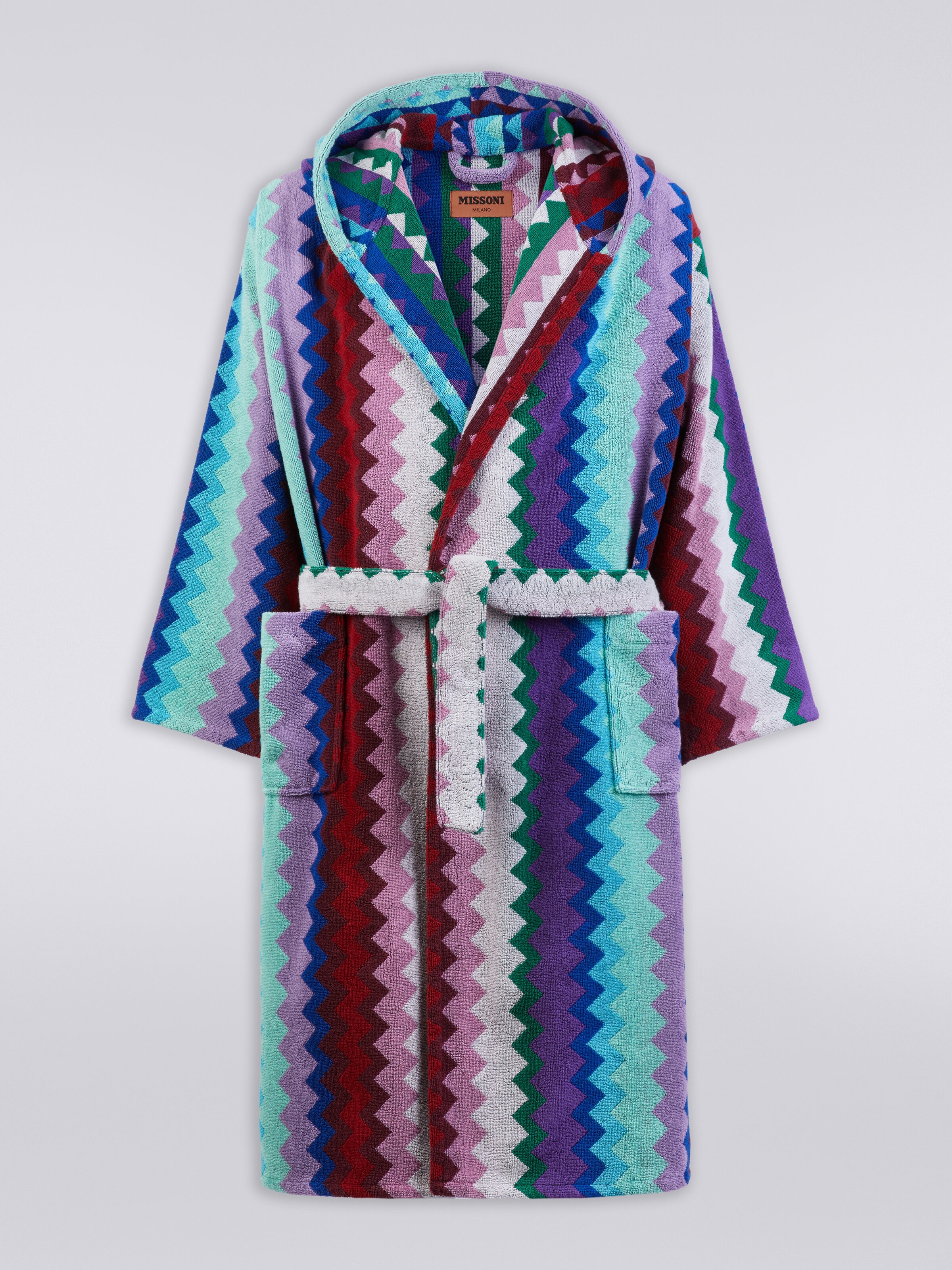 Long Chantal chevron cotton terry hooded bathrobe, Multicoloured  - 0