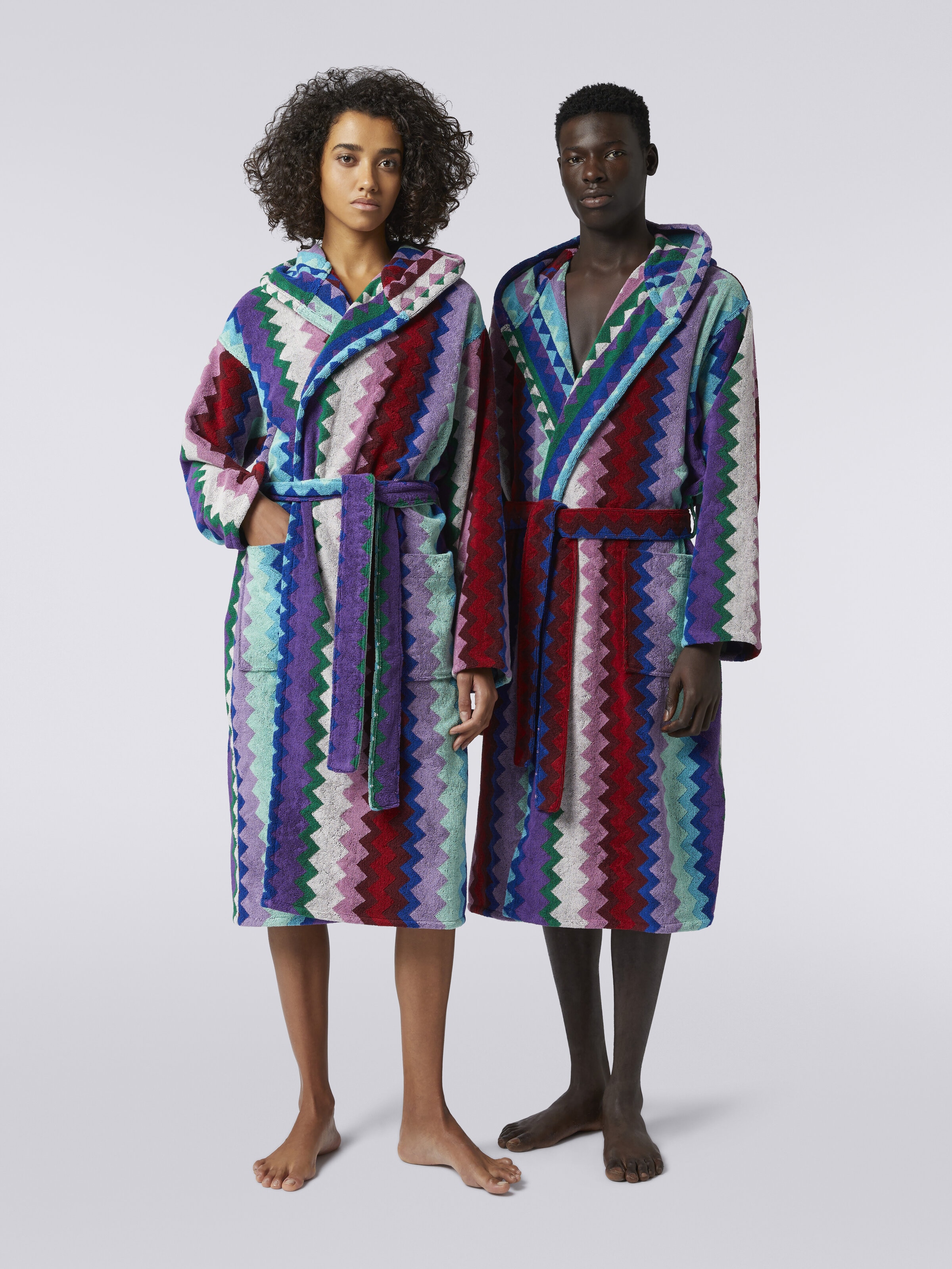 Long Chantal chevron cotton terry hooded bathrobe, Multicoloured  - 1
