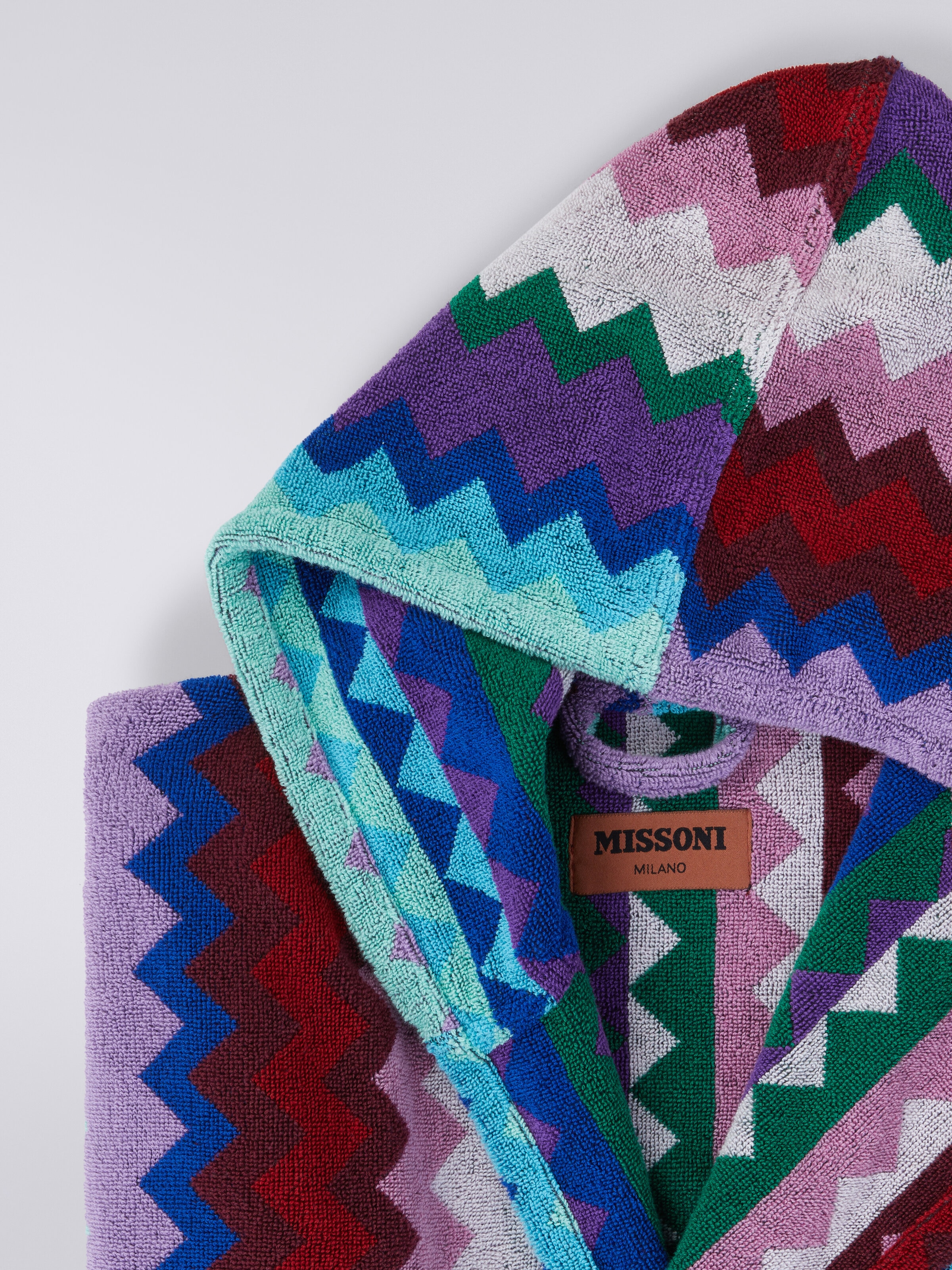 Long Chantal chevron cotton terry hooded bathrobe, Multicoloured  - 2