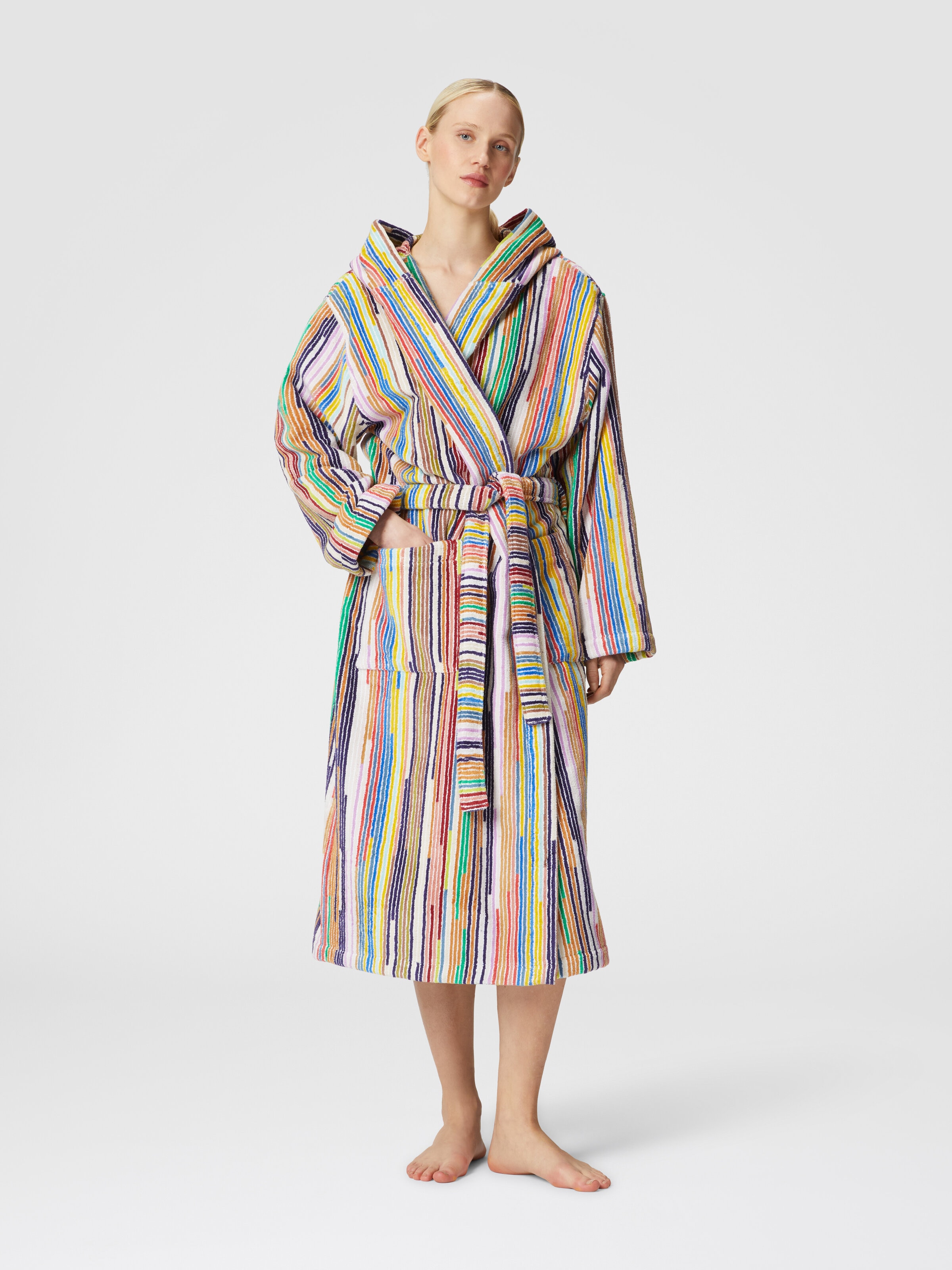 Melody bathrobe in cotton terry with vertical stripes, Black    - 1