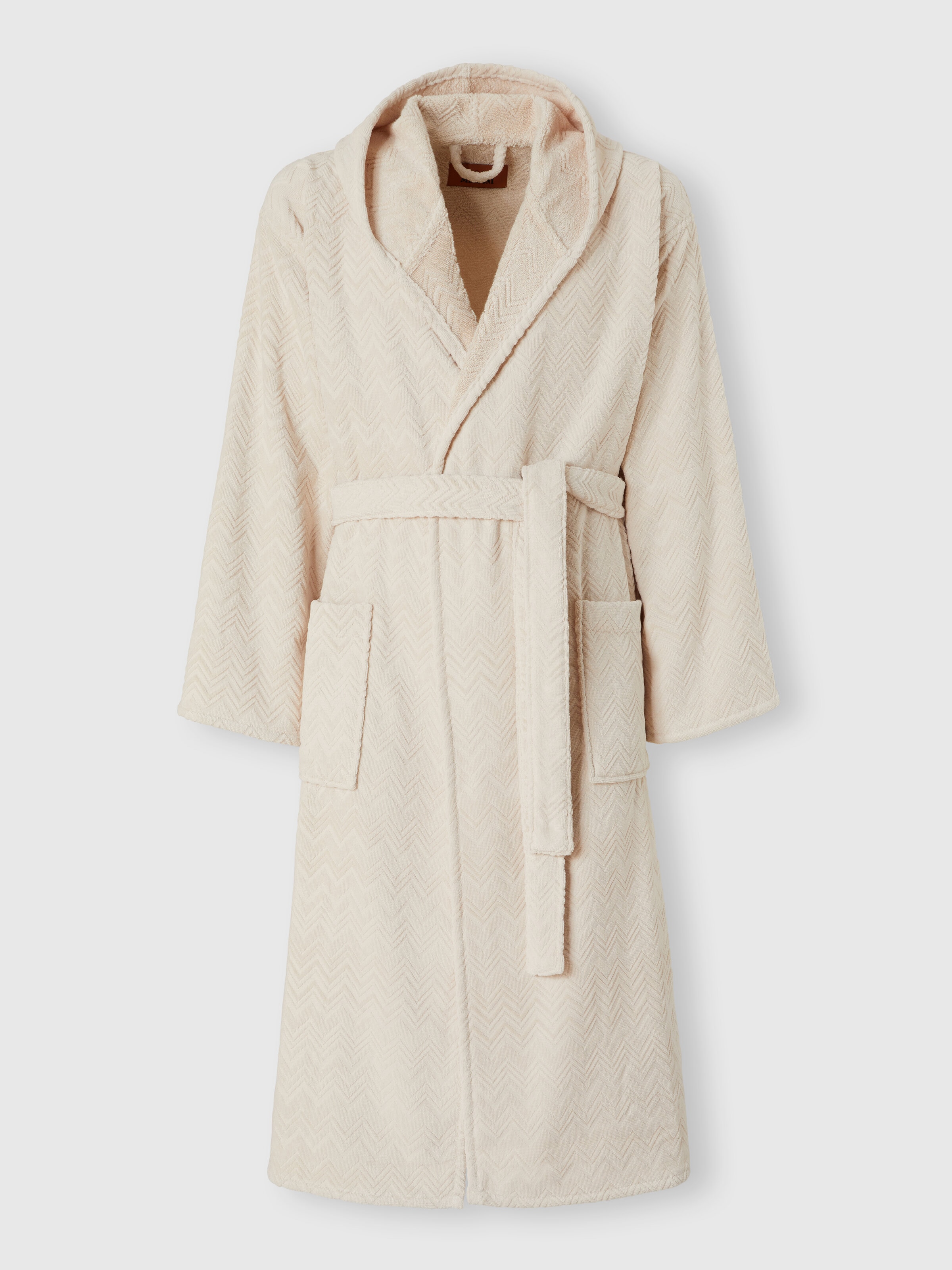 Chalk bathrobe in cotton terry with zigzag pattern, Brown - 0