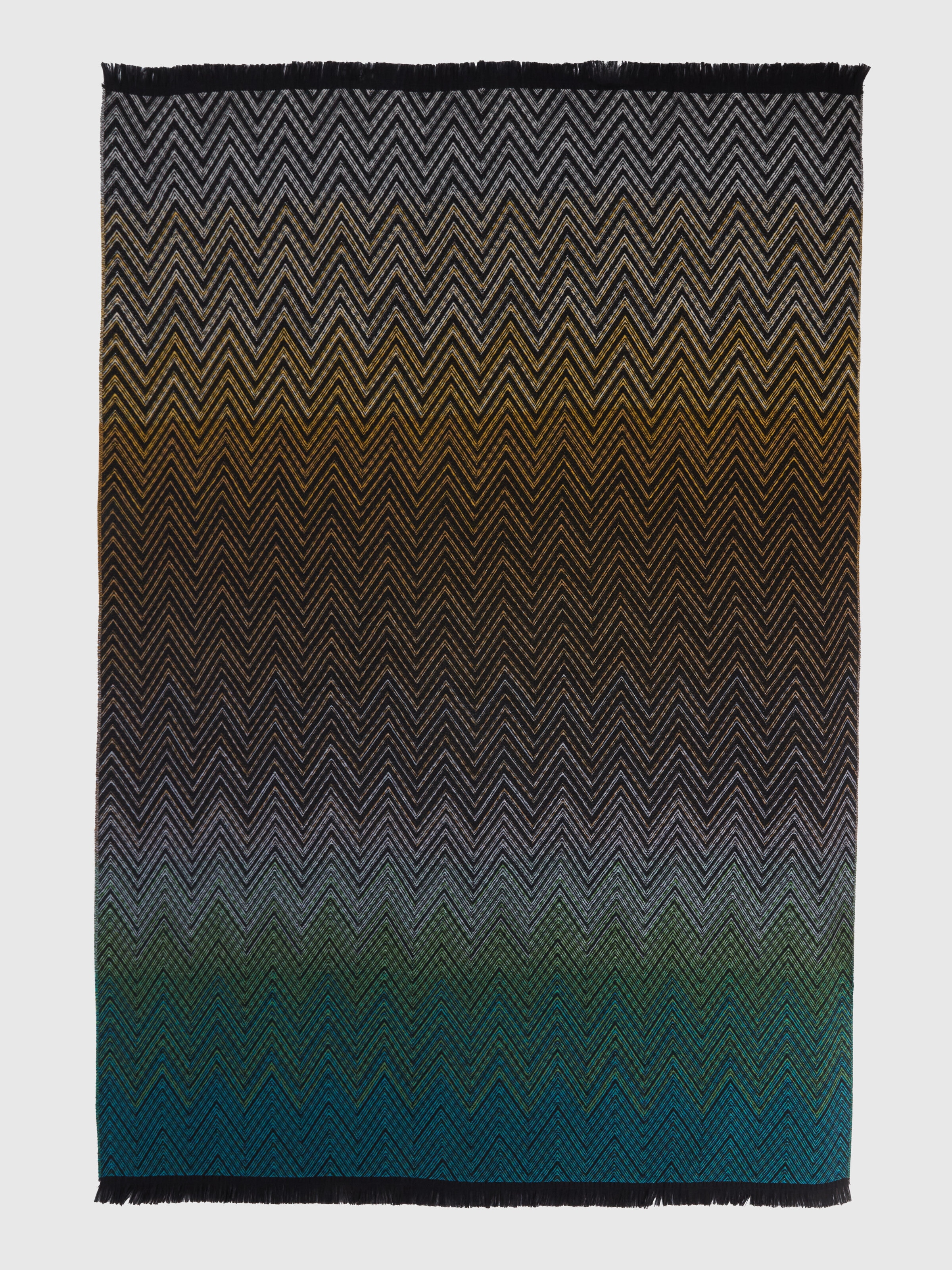 Plaid blanket 135x195 cm chevron wool blend with fringes, Black    - 1