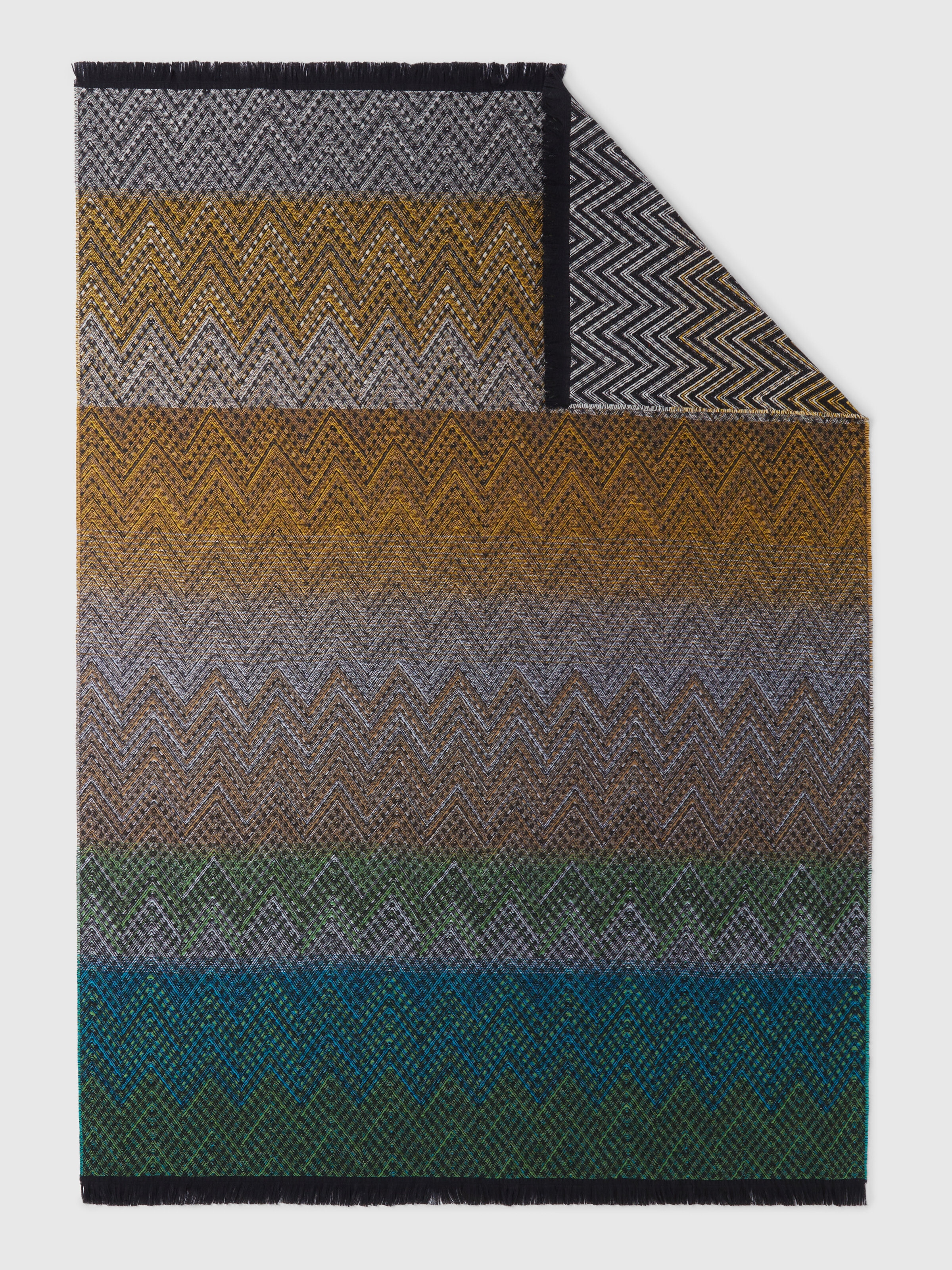 Plaid blanket 135x195 cm chevron wool blend with fringes, Black    - 2