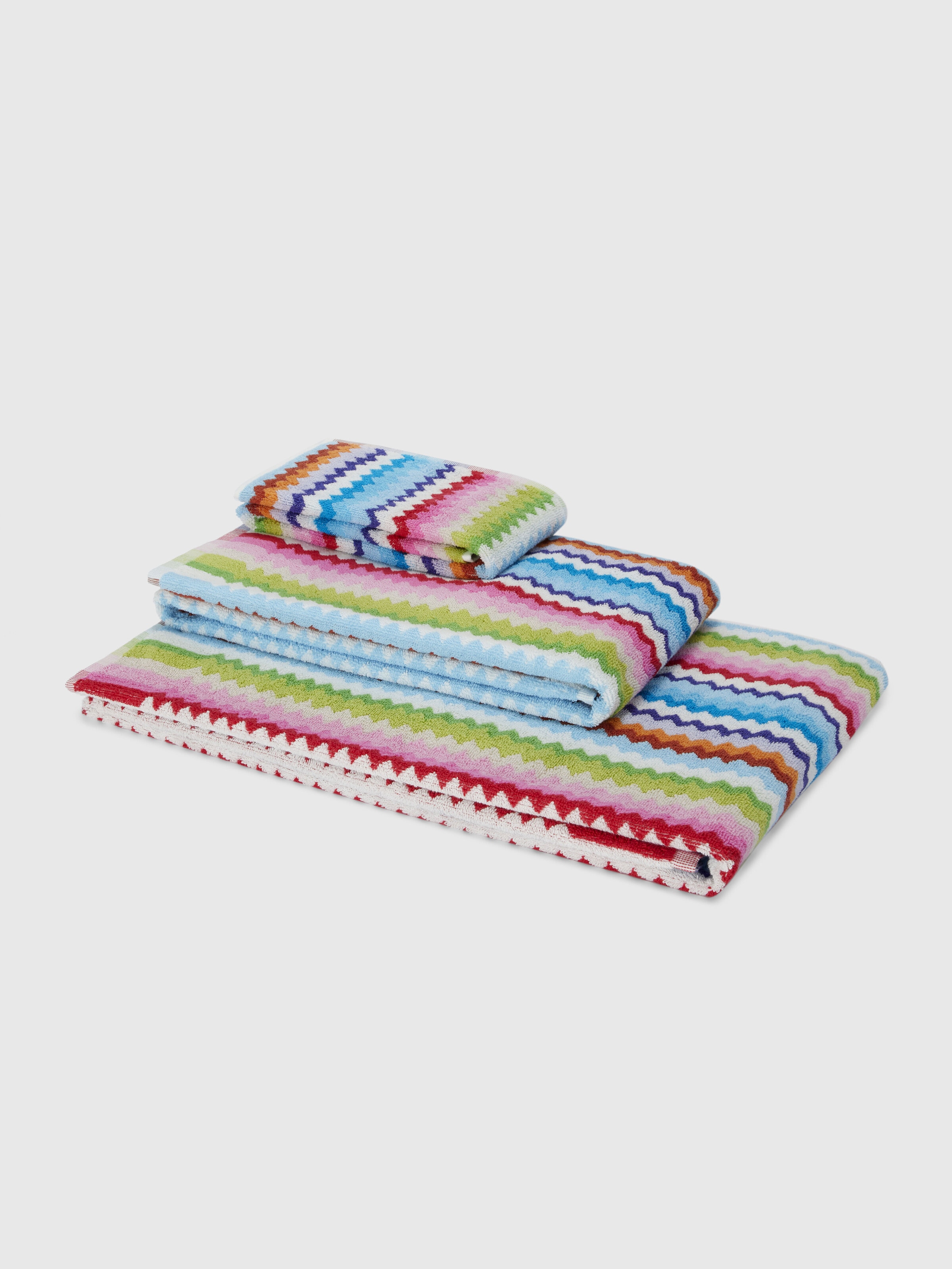 3 Piece Set of Zig Zag Cotton Terry Riverbero Bath Towels, Pink & Multicoloured - 0