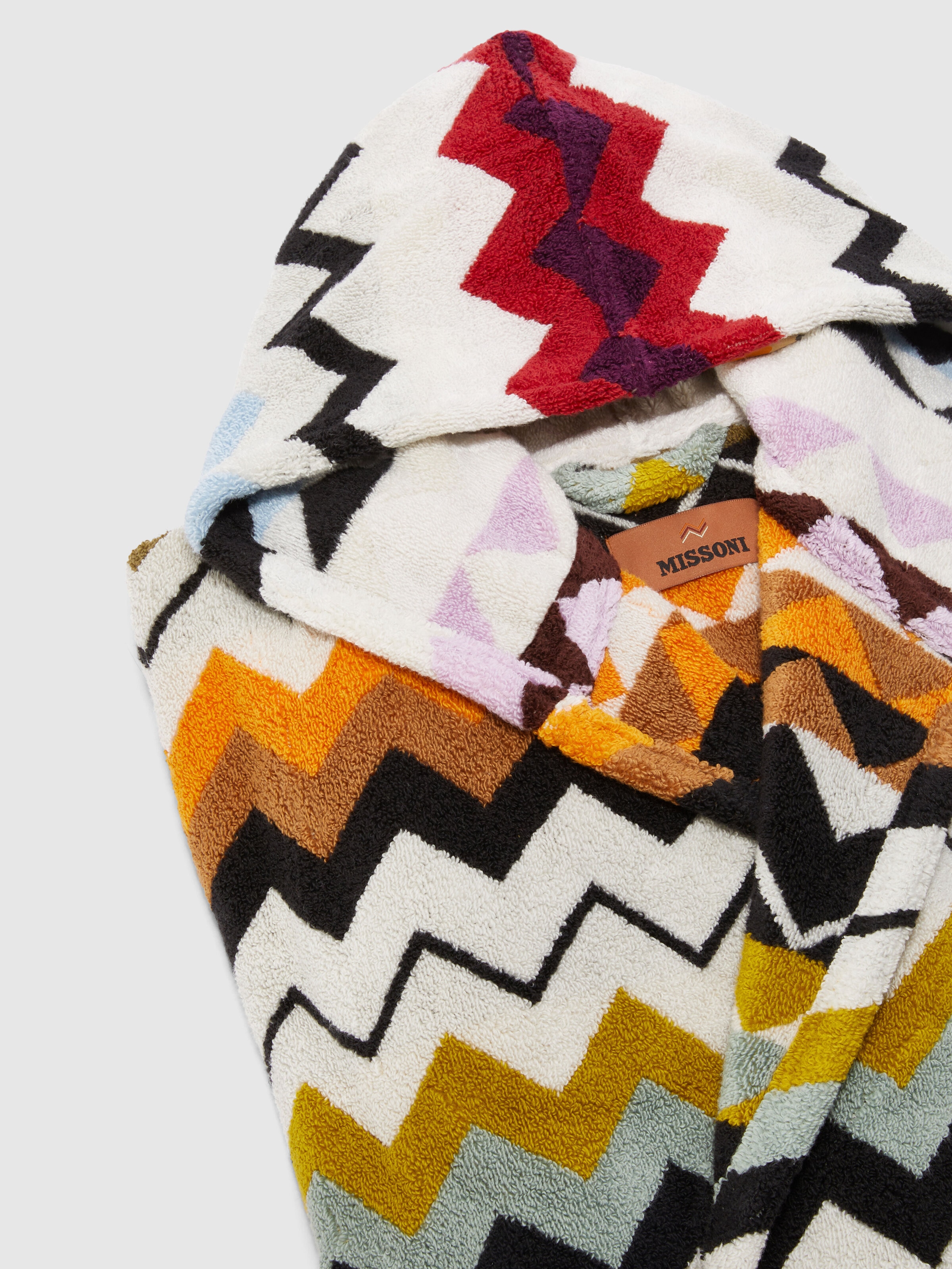 Murrina Hooded Bathrobe in cotton terry with zig zag pattern, Multicoloured  - 2